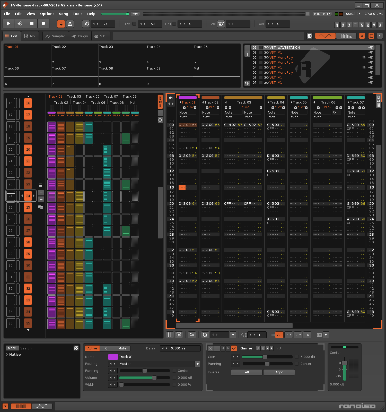 Screenshot of the tracker music software renoise with the Corporate Intranet Menu Music project file.